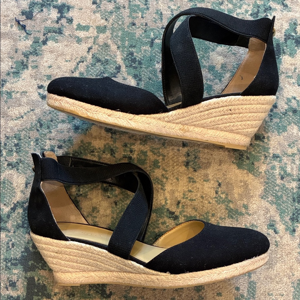 Talbots Black Canvas Espadrille Wedge Sandals
